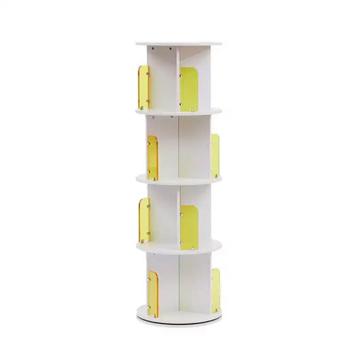 VECELO 4 Tier Standing Bookcase 360 Display Floor Standing Storage Rack with Acrylic Visible Window Partition, Rotating Bookshelf