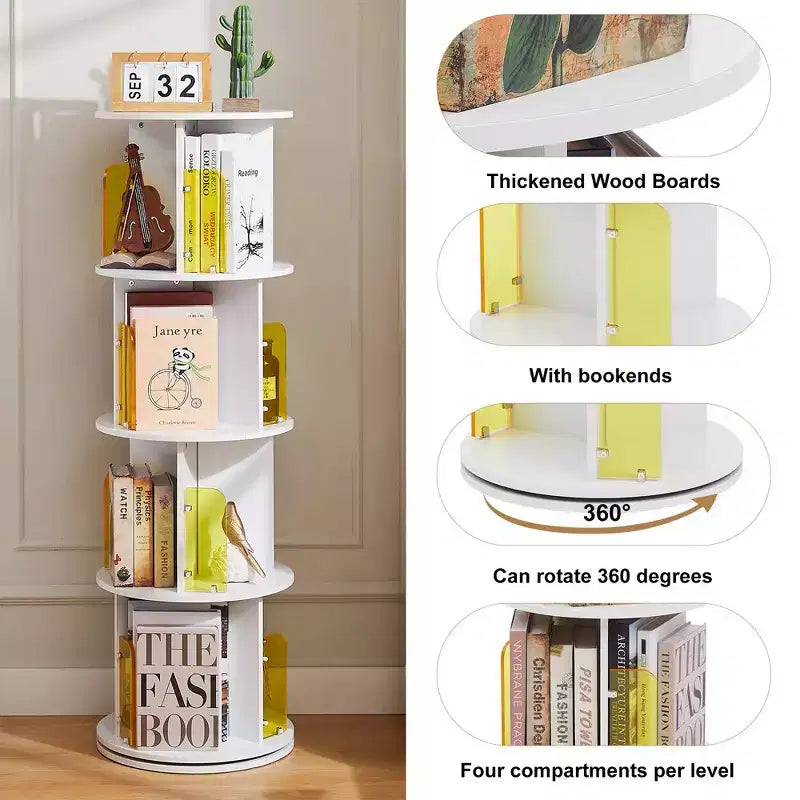 4-Tier Rotating Bookcase with Acrylic Partition