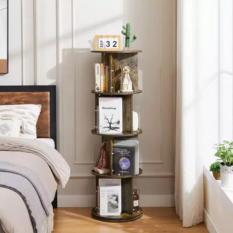 4-Tier Rotating Bookcase with Acrylic Partition
