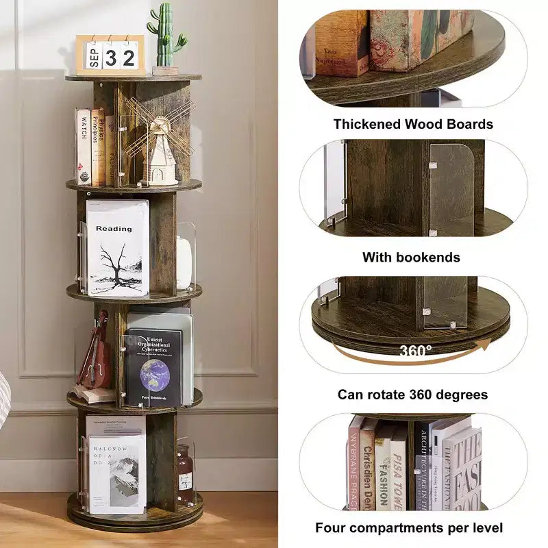 4-Tier Rotating Bookcase with Acrylic Partition