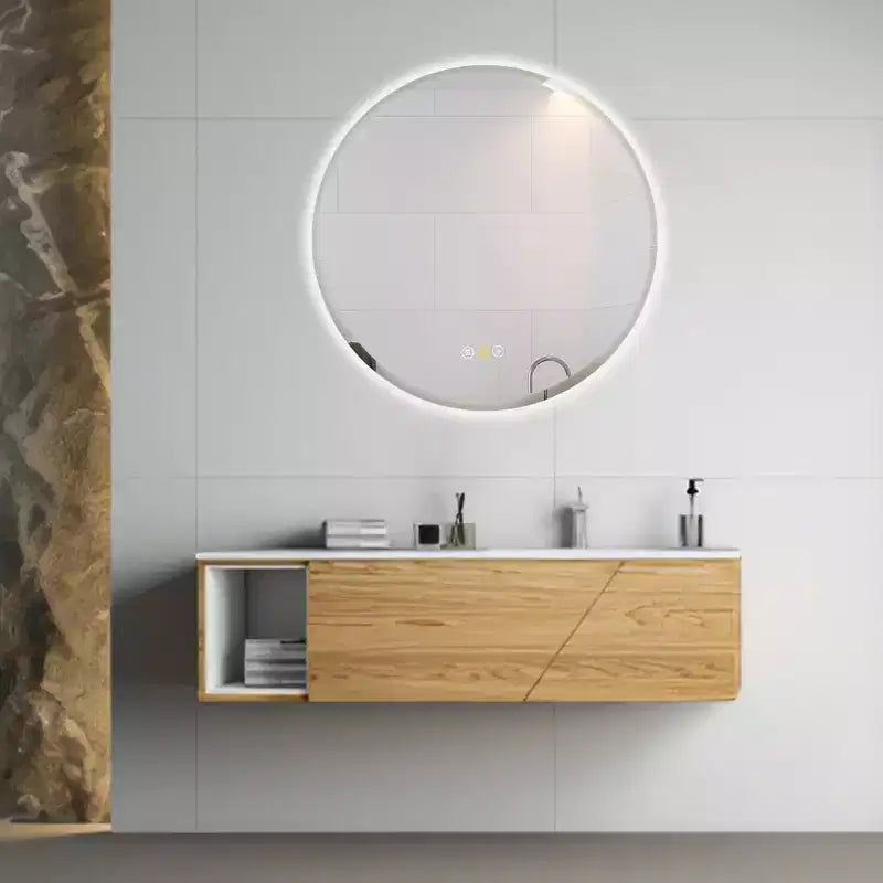Stufurhome Round Beveled Edge 3 Colors Dimmable LED Anti-Fog Memory Wall Mount Bathroom Vanity Mirror