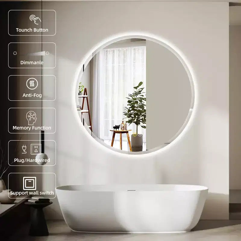 Round Beveled Edge LED Bathroom Vanity Mirror with Anti-Fog and Dimmable Light
