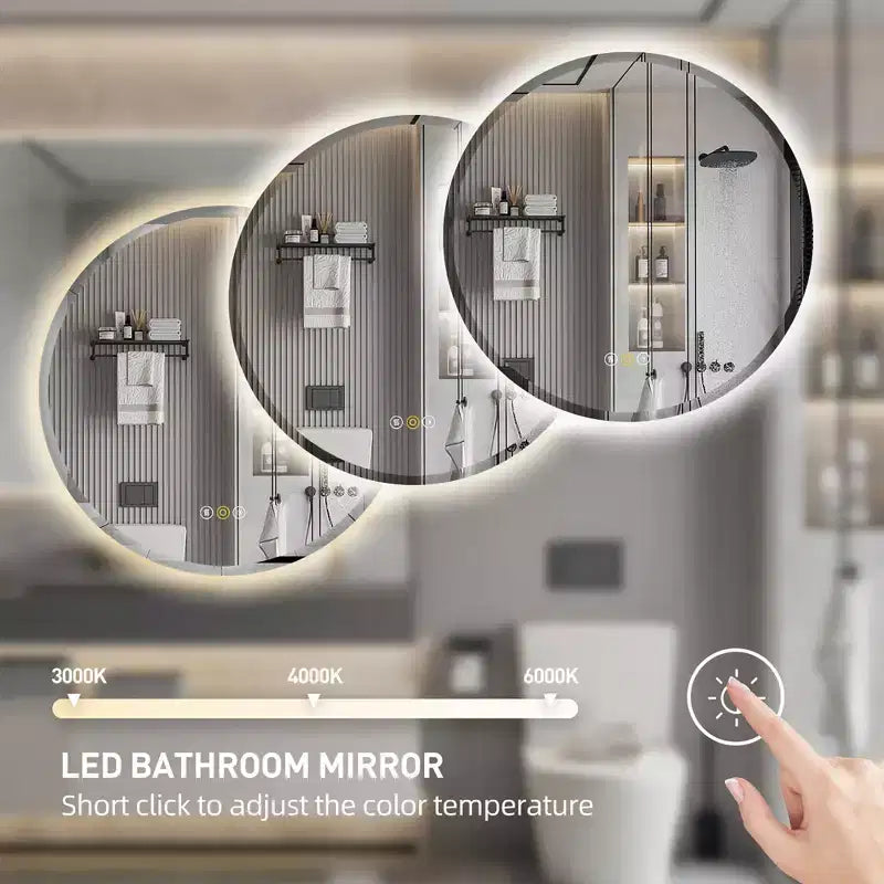 Round Beveled Edge LED Bathroom Vanity Mirror with Anti-Fog and Dimmable Light
