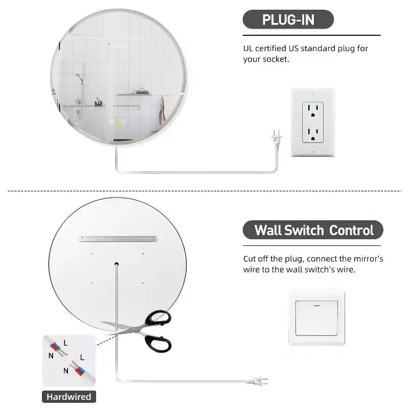 Round Beveled Edge LED Bathroom Vanity Mirror with Anti-Fog and Dimmable Light
