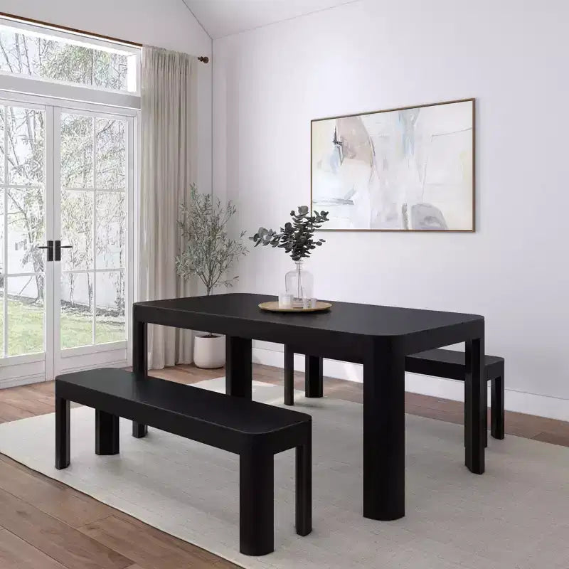 Plank+Beam 72 Modern Rounded Solid Wood Dining Table Set with 2 Benches