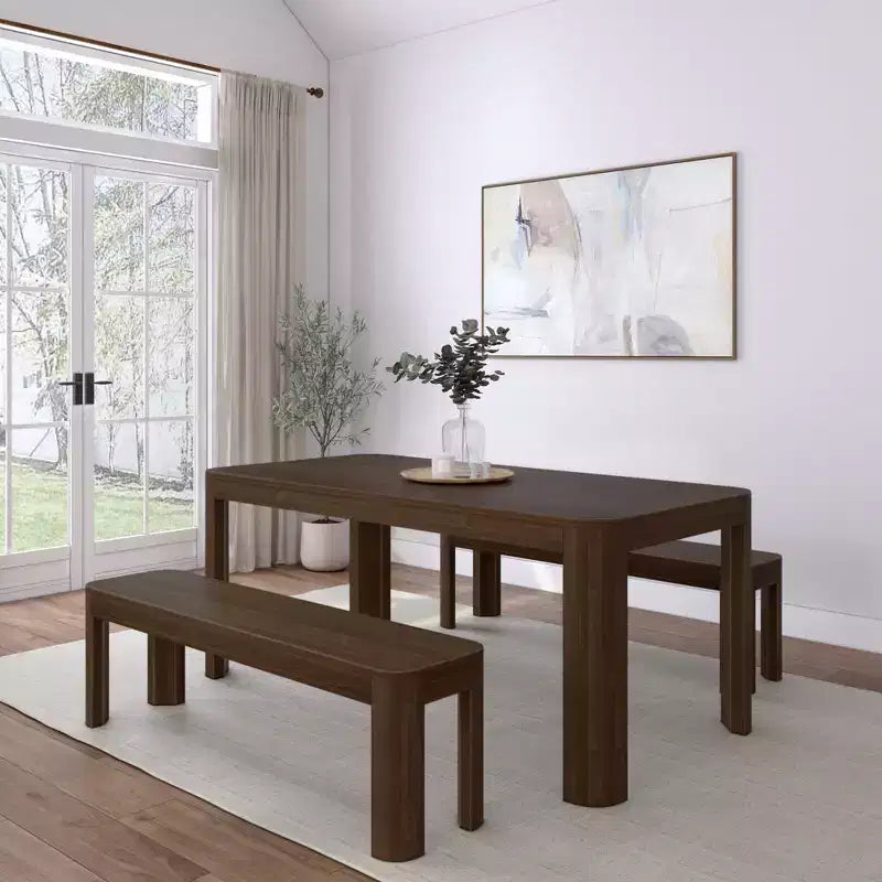 Plank+Beam 72 Modern Rounded Solid Wood Dining Table Set with 2 Benches