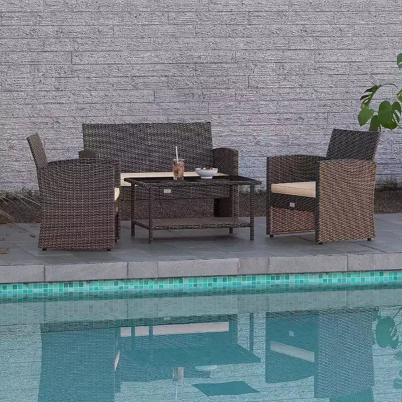 Balkene Home Ashville gevlochten loungeset voor buiten op het terras - inclusief bank, tafel en twee fauteuils, kaki kussens en blad van gehard glas, eenvoudig te monteren