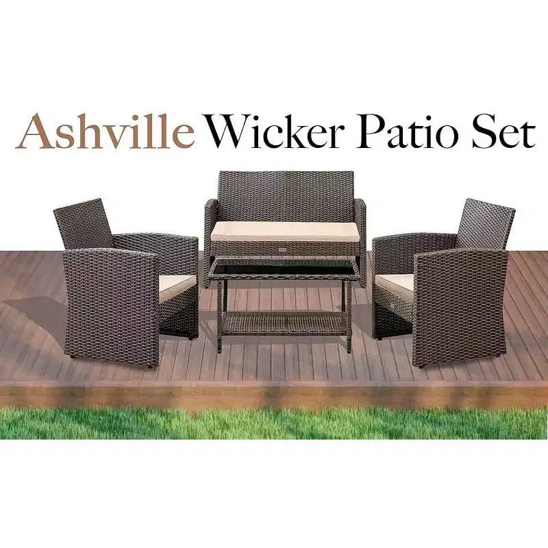 Balkene Home Ashville gevlochten loungeset voor buiten op het terras - inclusief bank, tafel en twee fauteuils, kaki kussens en blad van gehard glas, eenvoudig te monteren
