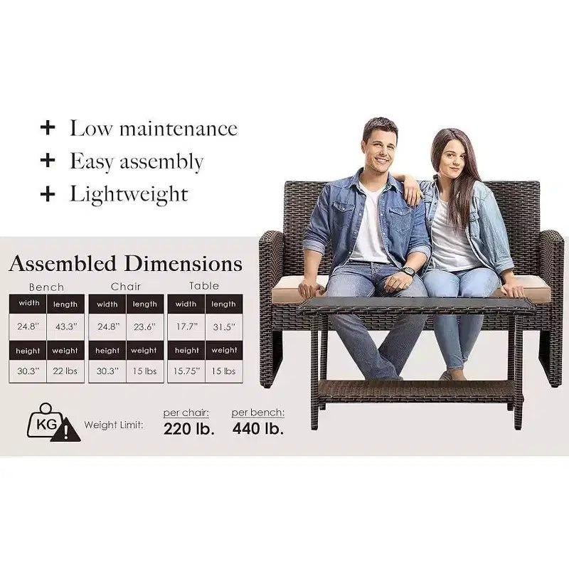 Balkene Home Ashville gevlochten loungeset voor buiten op het terras - inclusief bank, tafel en twee fauteuils, kaki kussens en blad van gehard glas, eenvoudig te monteren
