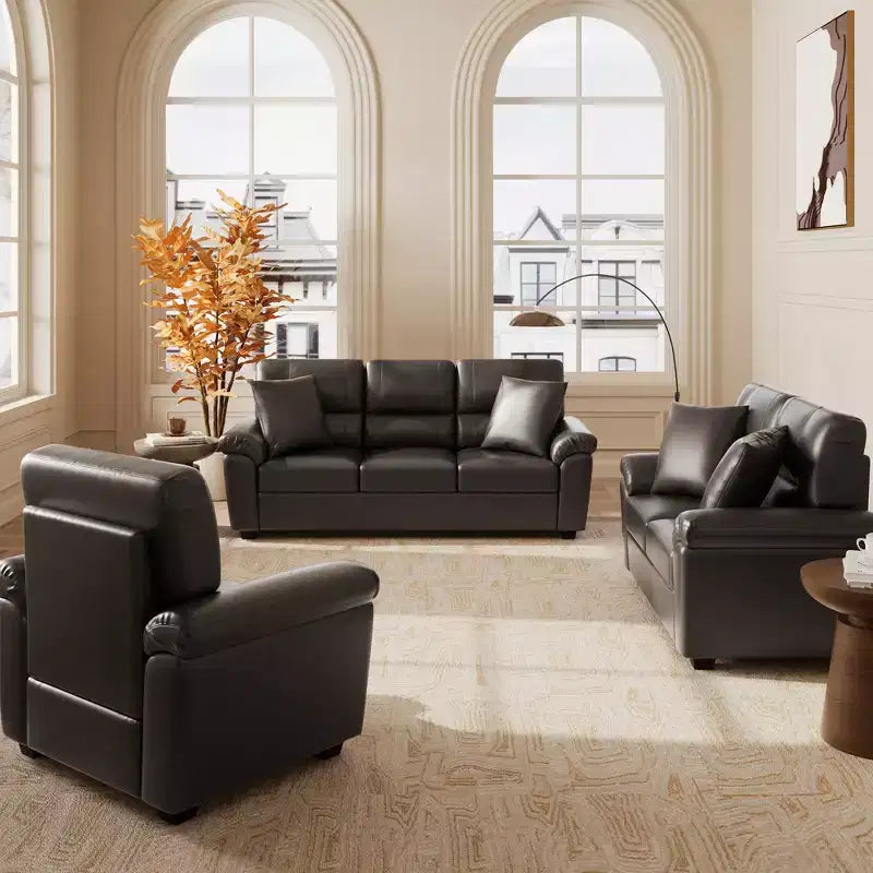 6-zits set met bank, loveseat en fauteuil voor de woonkamer, bank van kunstleer met kussens, chocoladebruin en zwart - Morden Fort