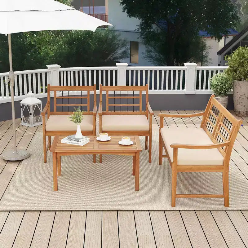 Costway 4 PCS Wood Patio Furniture Set with Soft Seat Cushions Solid Acacia Wood Frame Off White/Gray