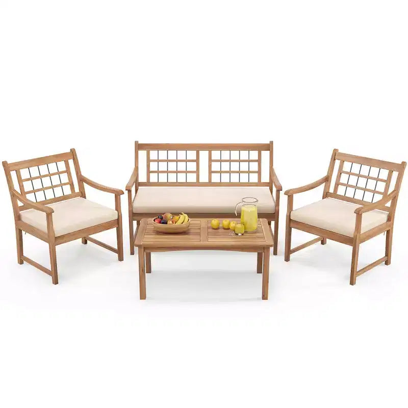 Costway 4 PCS Wood Patio Furniture Set with Soft Seat Cushions Solid Acacia Wood Frame Off White/Gray