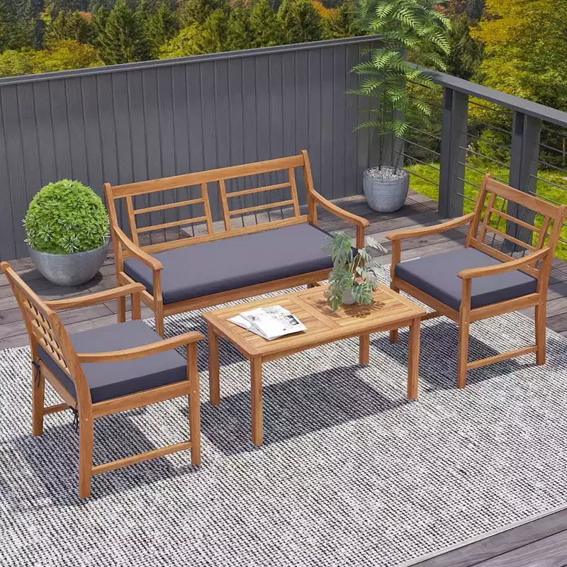 Costway 4 PCS Wood Patio Furniture Set with Soft Seat Cushions Solid Acacia Wood Frame Off White/Gray