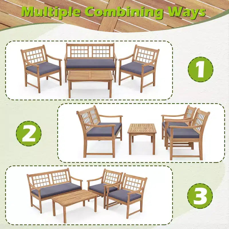 Costway 4 PCS Wood Patio Furniture Set with Soft Seat Cushions Solid Acacia Wood Frame Off White/Gray