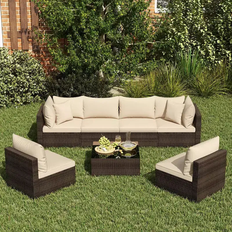 Costway 7 PCS Patio Rattan Furniture Set Sectional Sofa Cushioned Garden Brown/Blue