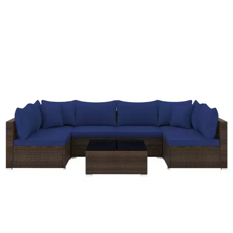 Costway 7 PCS Patio Rattan Furniture Set Sectional Sofa Cushioned Garden Brown/Blue