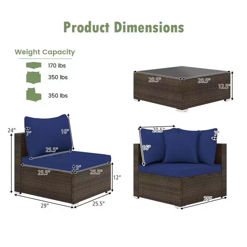 Costway 7 PCS Patio Rattan Furniture Set Sectional Sofa Cushioned Garden Brown/Blue