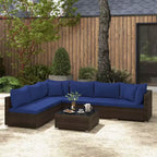 Costway 7 PCS Patio Rattan Furniture Set Sectional Sofa Cushioned Garden Brown/Blue