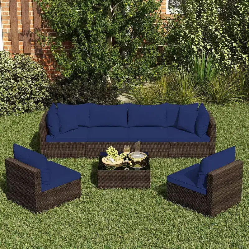 Costway 7 PCS Patio Rattan Furniture Set Sectional Sofa Cushioned Garden Brown/Blue
