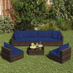 Costway 7 PCS Patio Rattan Furniture Set Sectional Sofa Cushioned Garden Brown/Blue