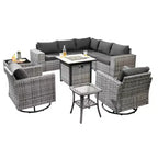 Marlton 10-delige rieten tuinmeubelset met vuurkorf, loungesofa, draaistoelen en kussens