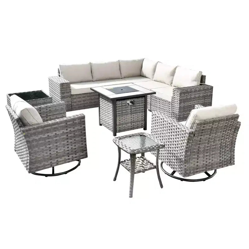 Marlton 10-delige rieten tuinmeubelset met vuurkorf, loungesofa, draaistoelen en kussens