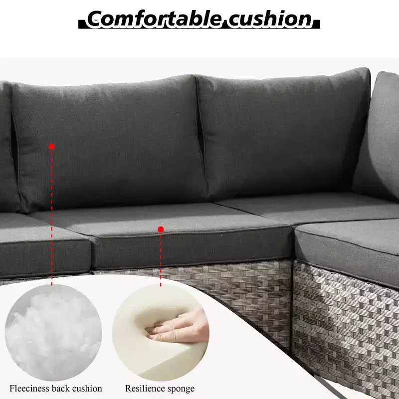 Marlton 10-delige rieten tuinmeubelset met vuurkorf, loungesofa, draaistoelen en kussens