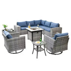 Marlton 10-delige rieten tuinmeubelset met vuurkorf, loungesofa, draaistoelen en kussens