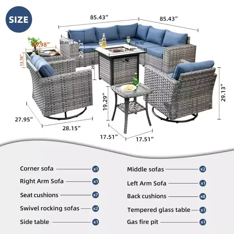 Marlton 10-delige rieten tuinmeubelset met vuurkorf, loungesofa, draaistoelen en kussens