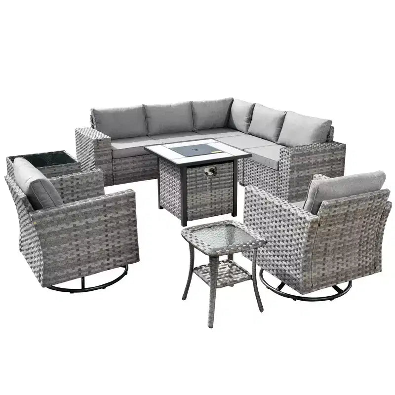 Marlton 10-delige rieten tuinmeubelset met vuurkorf, loungesofa, draaistoelen en kussens