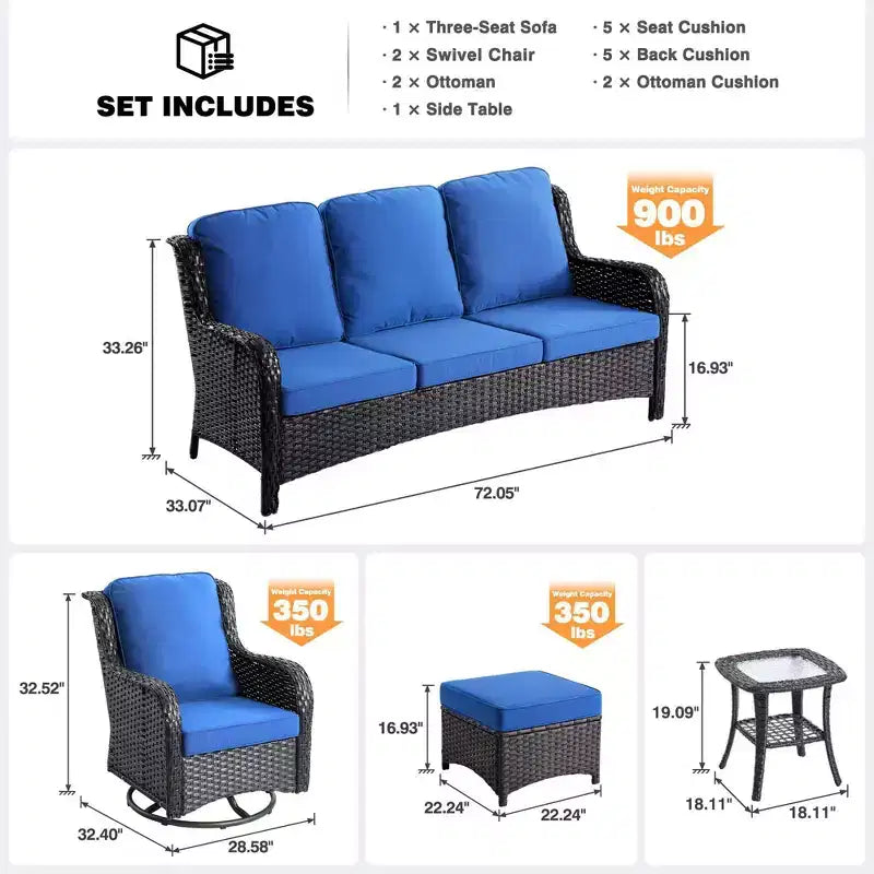 Ovios Orlando 6-delige bruine wicker loungeset voor buiten met draaistoelen en kussens