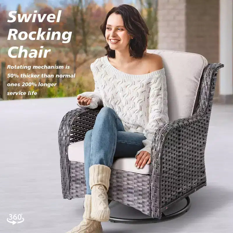 Ovios Orlando 6-delige bruine wicker loungeset voor buiten met draaistoelen en kussens